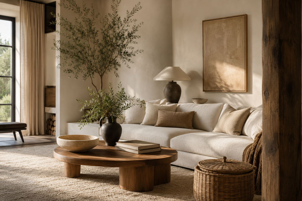 Warm organic modern living room with neutral rug, walnut coffee table and natural textures