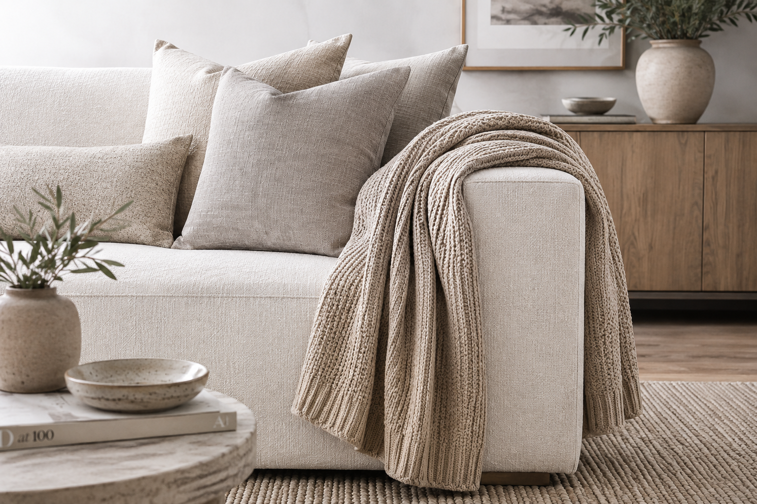 Oatmeal throw blanket in an organic modern apartment
