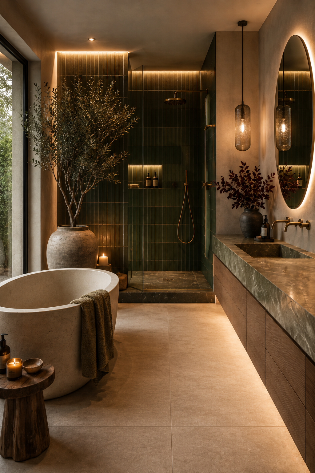 Organic Modern Bathroom Ideas With Deep Green Tile