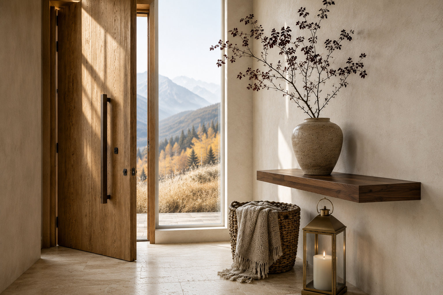 Organic modern fall entryway with an oak front door, floating walnut console, woven basket, oatmeal wool throw, aged brass lantern, and sculptural autumn branches.