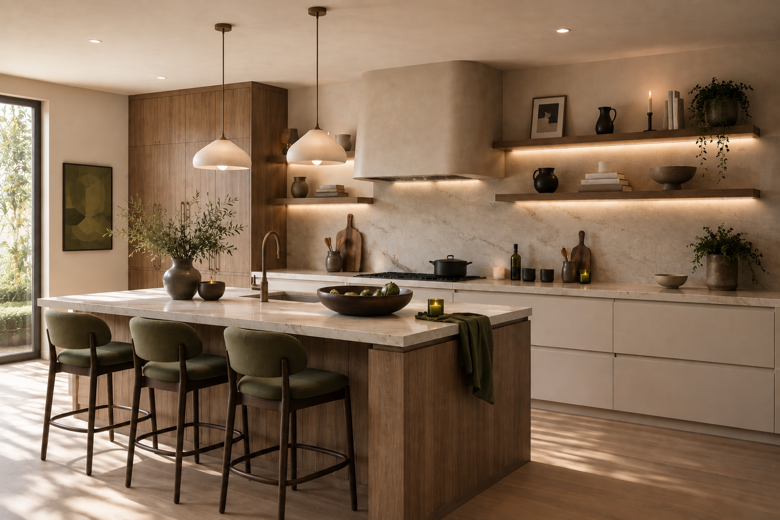 Organic modern kitchen with olive and walnut contrast accents