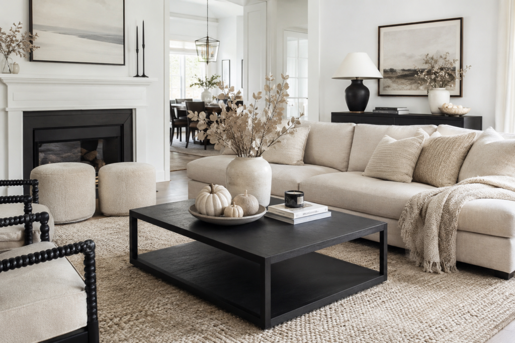 Beige and cream fall living room with black accents, neutral textured sofa, stone-colored pumpkins and minimal elegant fall decor.