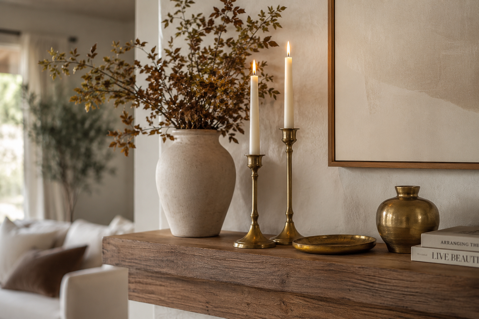 Brass taper candle holders with cream candles, a neutral ceramic vase filled with fall branches, and simple brass accents styled on a wood mantel.