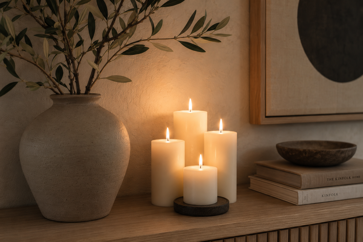 Japandi decor vignette with cream pillar candles, a textured ceramic vase with olive branches, natural wood and warm neutral styling.