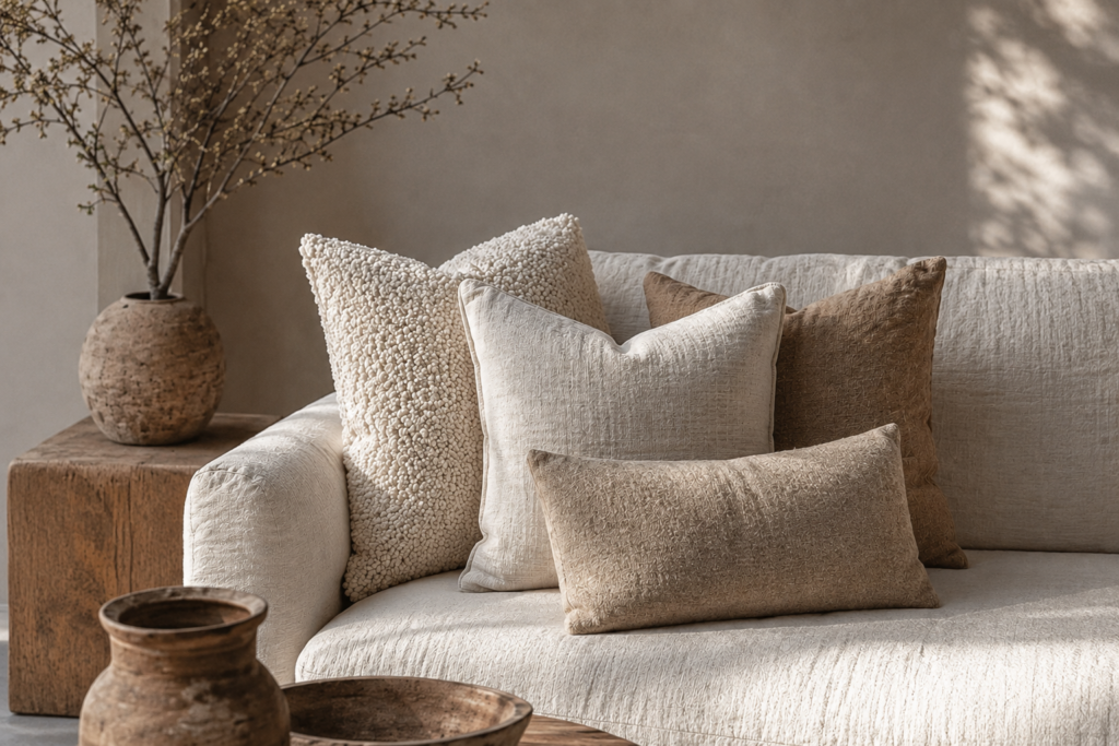 Cream bouclé and natural linen pillows layered on an off-white sofa in a warm organic modern living room.