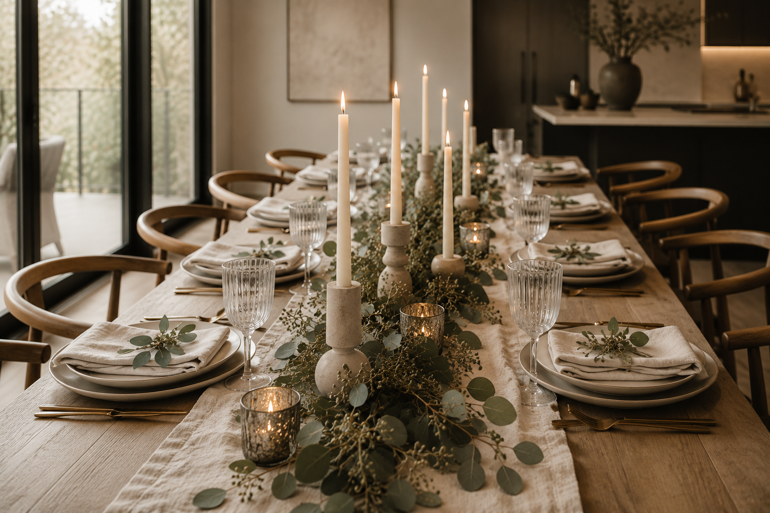 Elegant neutral Thanksgiving table with a linen runner, cream taper candles, Japandi candle holders, eucalyptus and modern place settings.