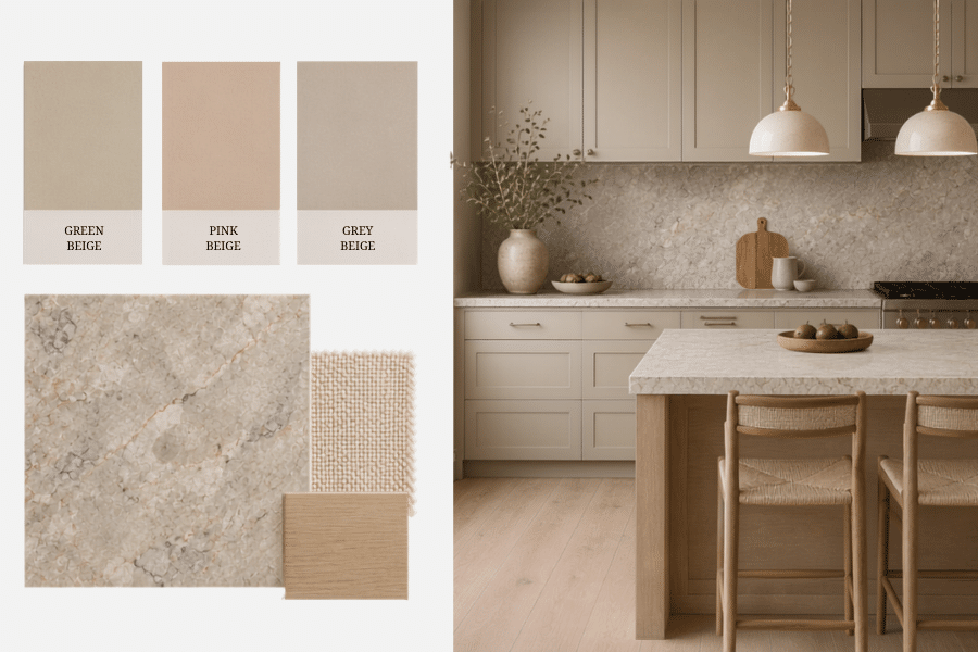 Comparing warm and cool beige undertones in kitchen cabinetry