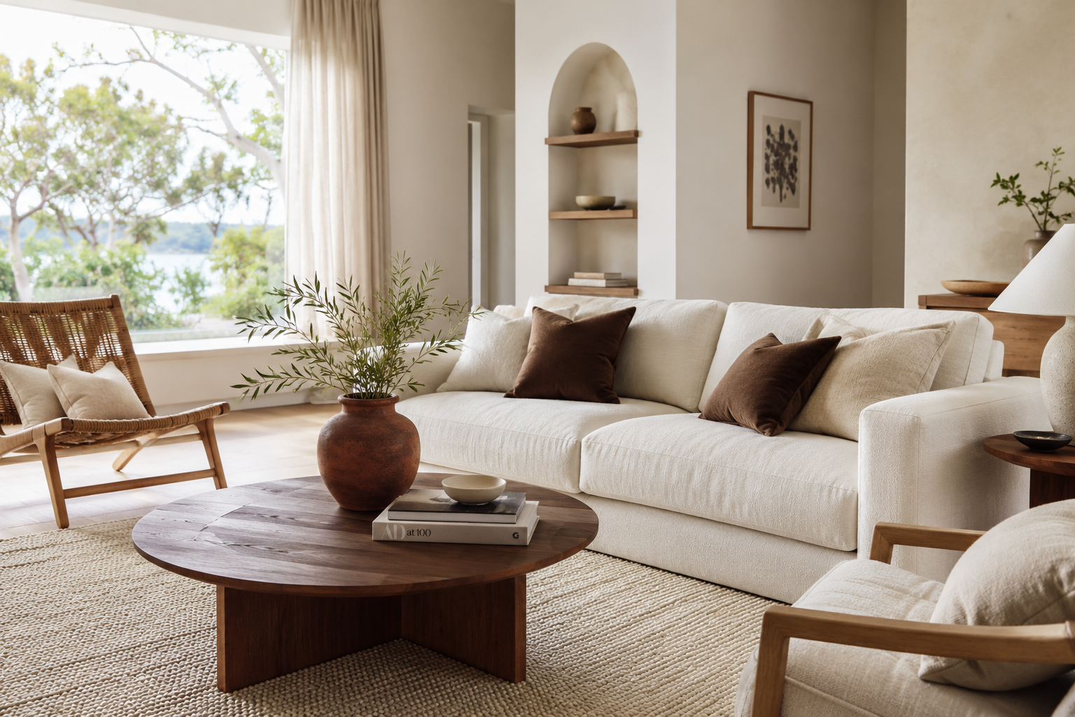 Bright organic modern living room with an off-white linen sofa, walnut coffee table, cream textured rug, chocolate brown pillows and a single rust-toned ceramic vase.