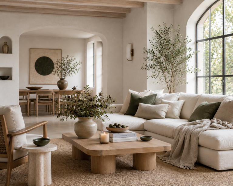 Bright organic modern Japandi living room with an ivory sofa, deep green pillows, natural oak coffee table, neutral fall decor, textured rug and branches in a ceramic vase.