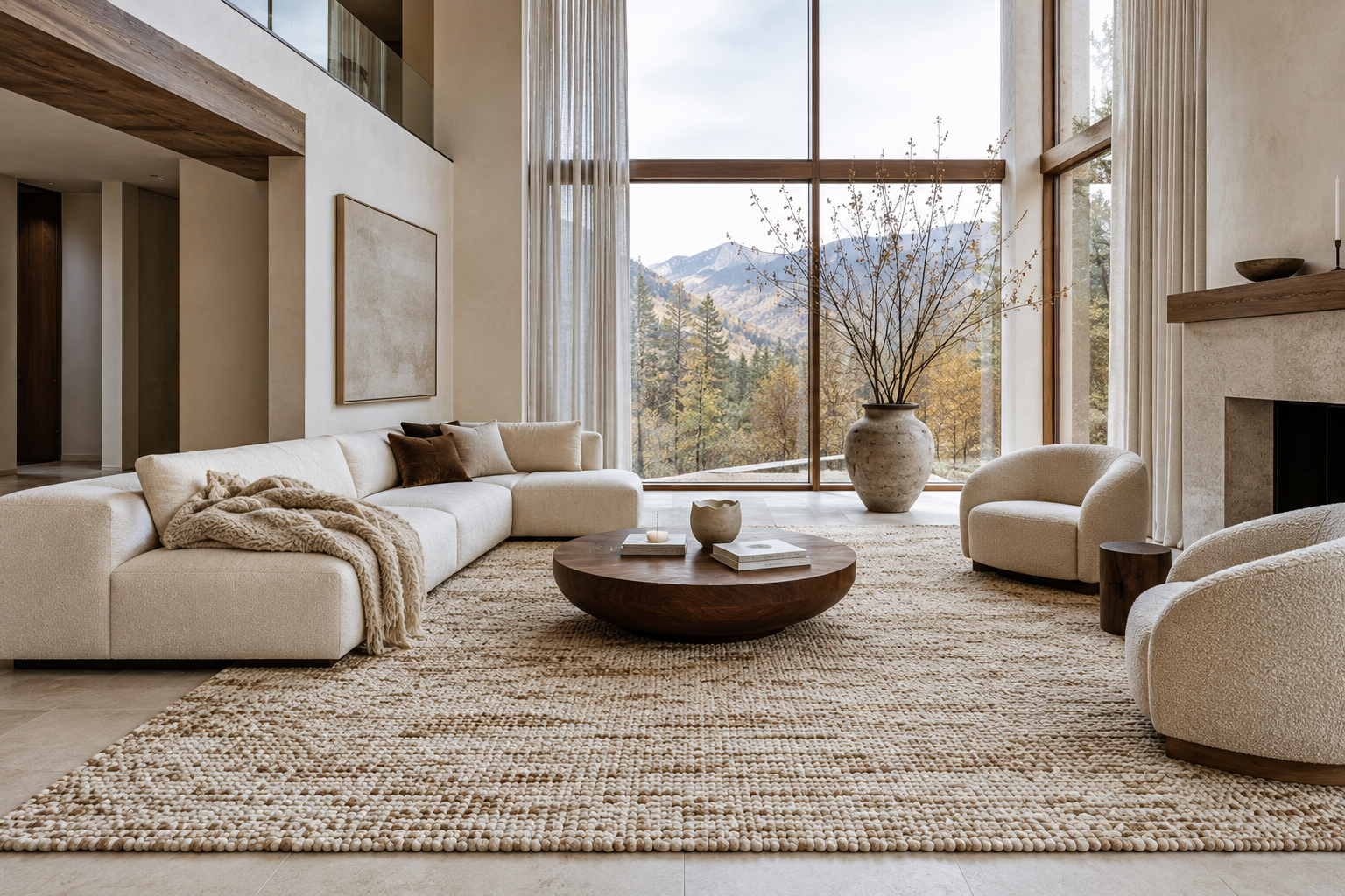 Organic modern living room with an oversized warm wool rug, cream sofa, boucle chairs, walnut coffee table and neutral fall decor.