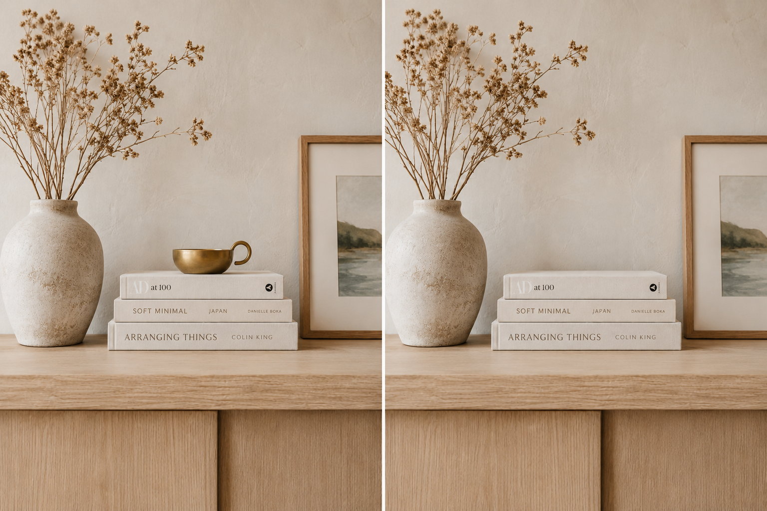 Organic modern shelf styling before and after with cream books, dried stems and natural wood deco