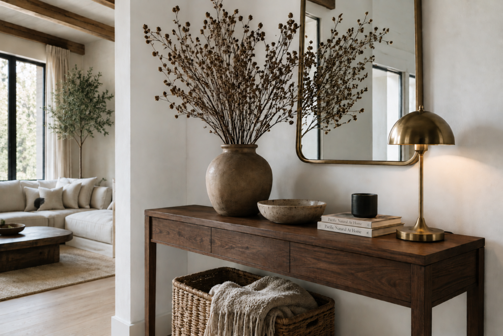 Walnut console table against cream walls with a brass lamp, dried branches and woven basket in an organic modern interior.