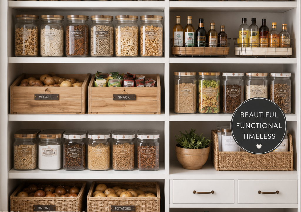 Organized pantry shelves with glass jars, wooden crates and woven baskets