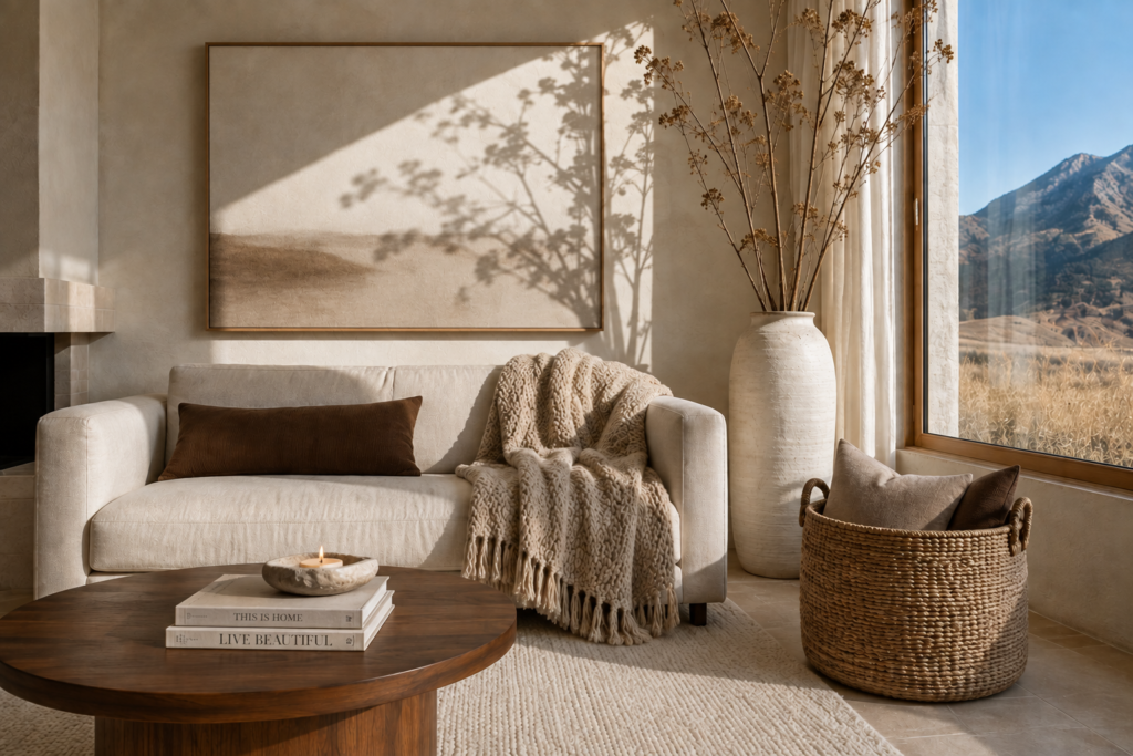 Small organic modern living room styled for fall with a chunky wool throw, woven basket, ceramic vase, dried branches and warm walnut coffee table.