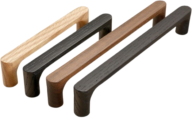 Warm wood drawer pulls on cream cabinetry