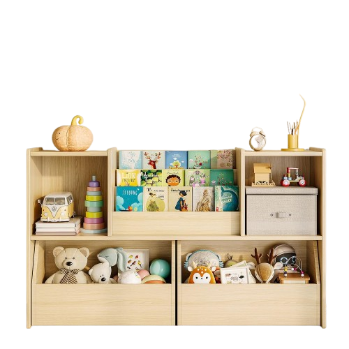 3-in-1 Montessori bookcase with storage cubbies and rolling toy bins