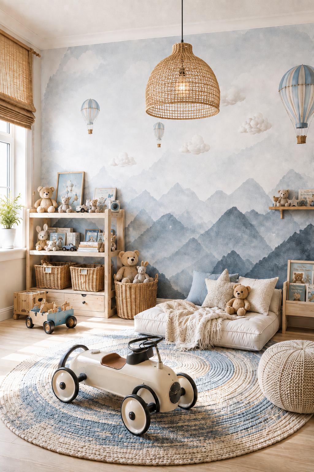 Balloon-themed toddler room with durable, washable textiles and bedding