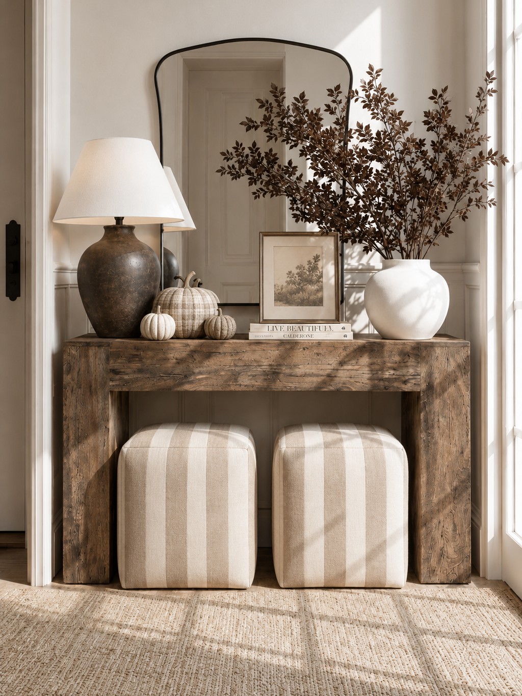 Rustic wood console table with striped ottoman stools underneath, a dark lamp, framed art, white pumpkins, and a vase of fall branches