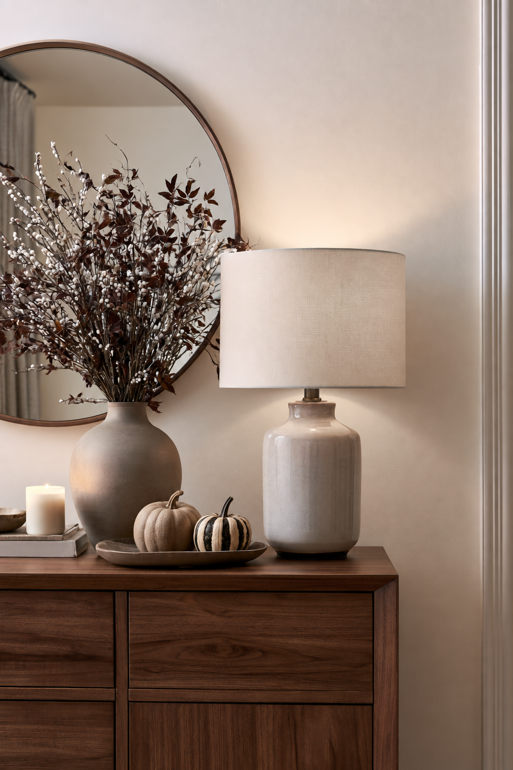 Warm ceramic table lamp lit beside a round mirror, tall dried branches, and mini pumpkins on a dark wood entryway console table