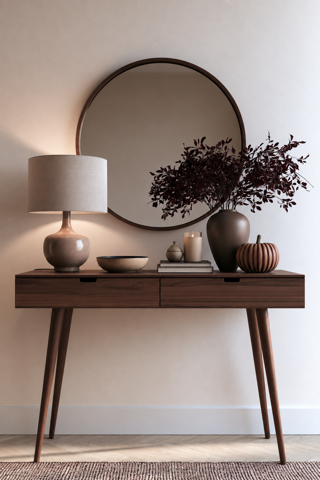 Mid-century console table with lamp lit, round mirror, dark branches, ceramic vase, and a striped pumpkin in deep fall accent colors