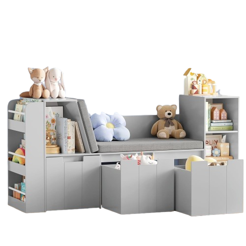 Kids reading nook with a 3-layer front-facing bookshelf