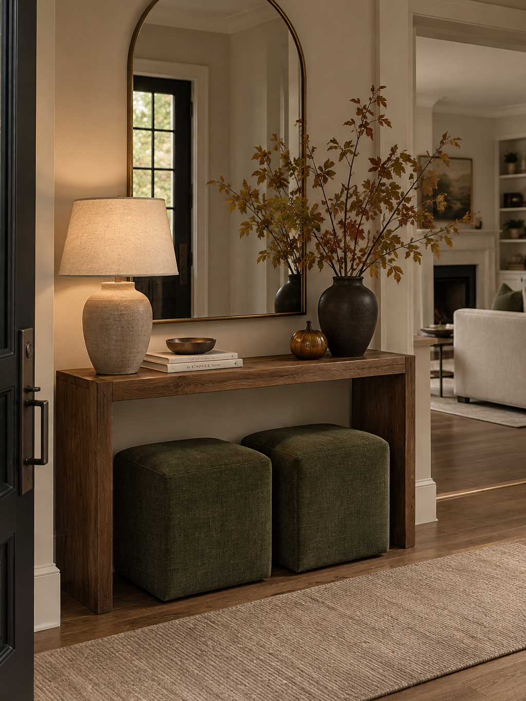 Olive green cube ottoman stools under a wood console table with a lit lamp, ceramic vase of fall branches, and a round mirror