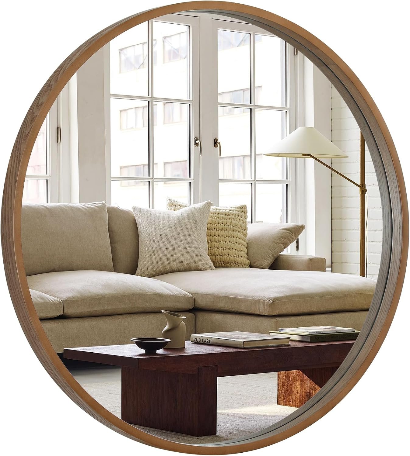 Large round mirror product shot for a fall entryway