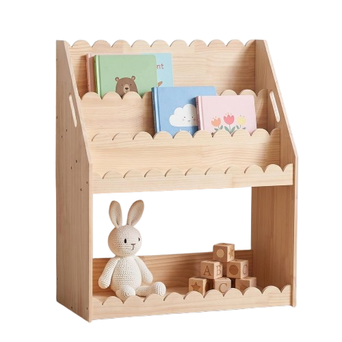 Scalloped front-facing bookshelf for a toddler room