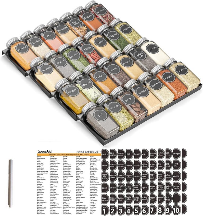 4-tier spice drawer organizer with 28 glass spice jars and labels