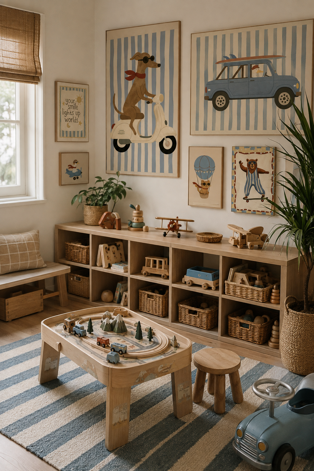 Toddler room ideas: whimsical playroom with wooden toy storage and soft neutral decor