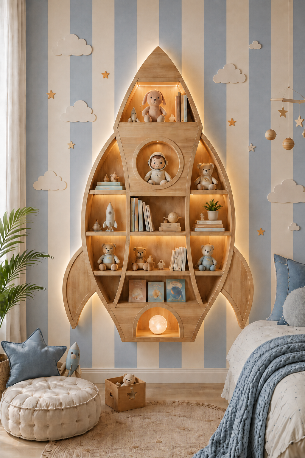 Toddler boy's room with a rocket-shaped bookshelf on the wall
