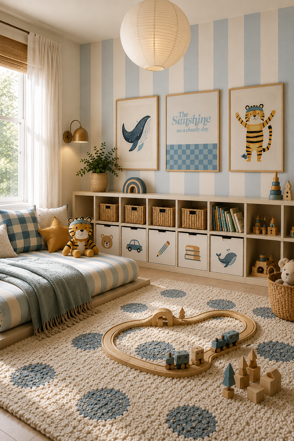 Whimsical toddler room using color with intention through accents and textiles