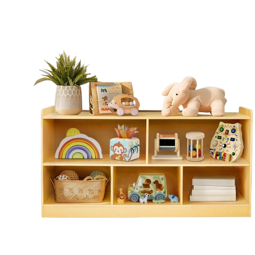 Wooden toy storage organizer with bins