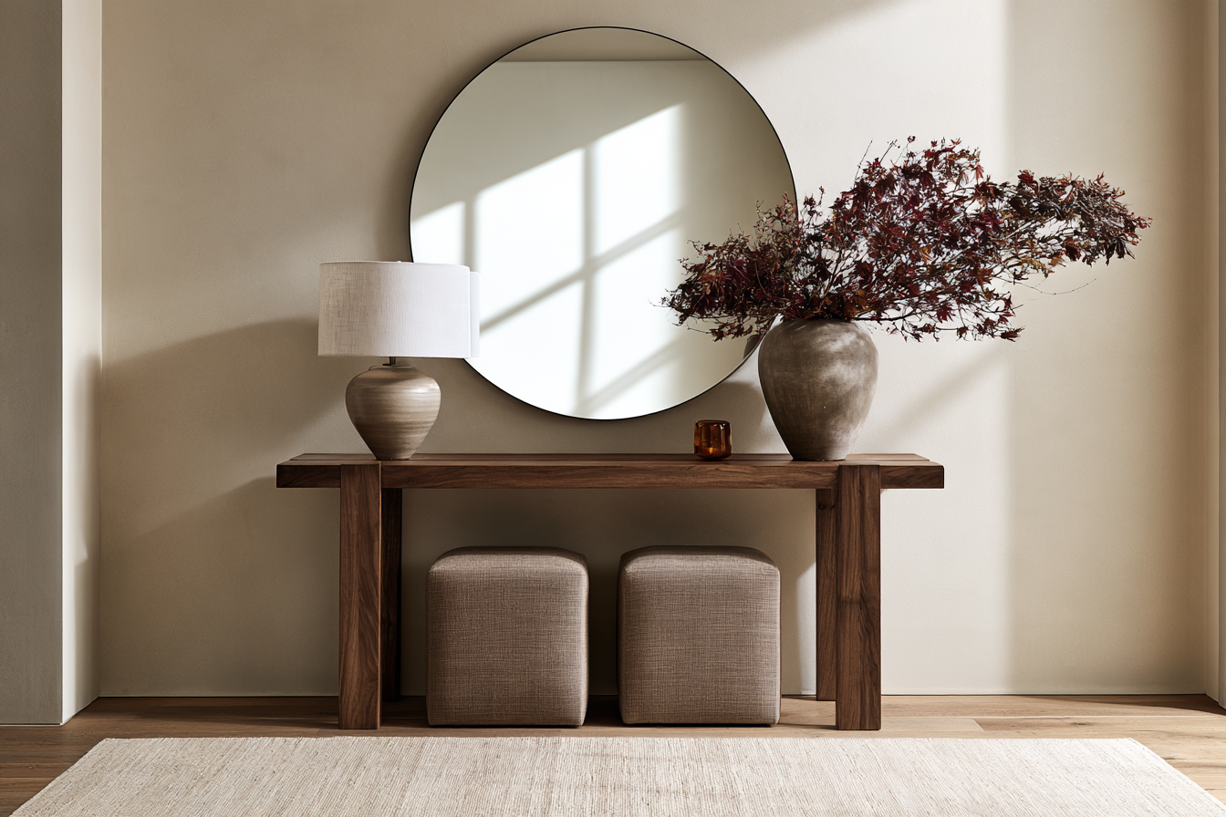 Fall entryway table decor with a warm wood console, round mirror, ceramic lamp, tall autumn branches, and two upholstered stools
