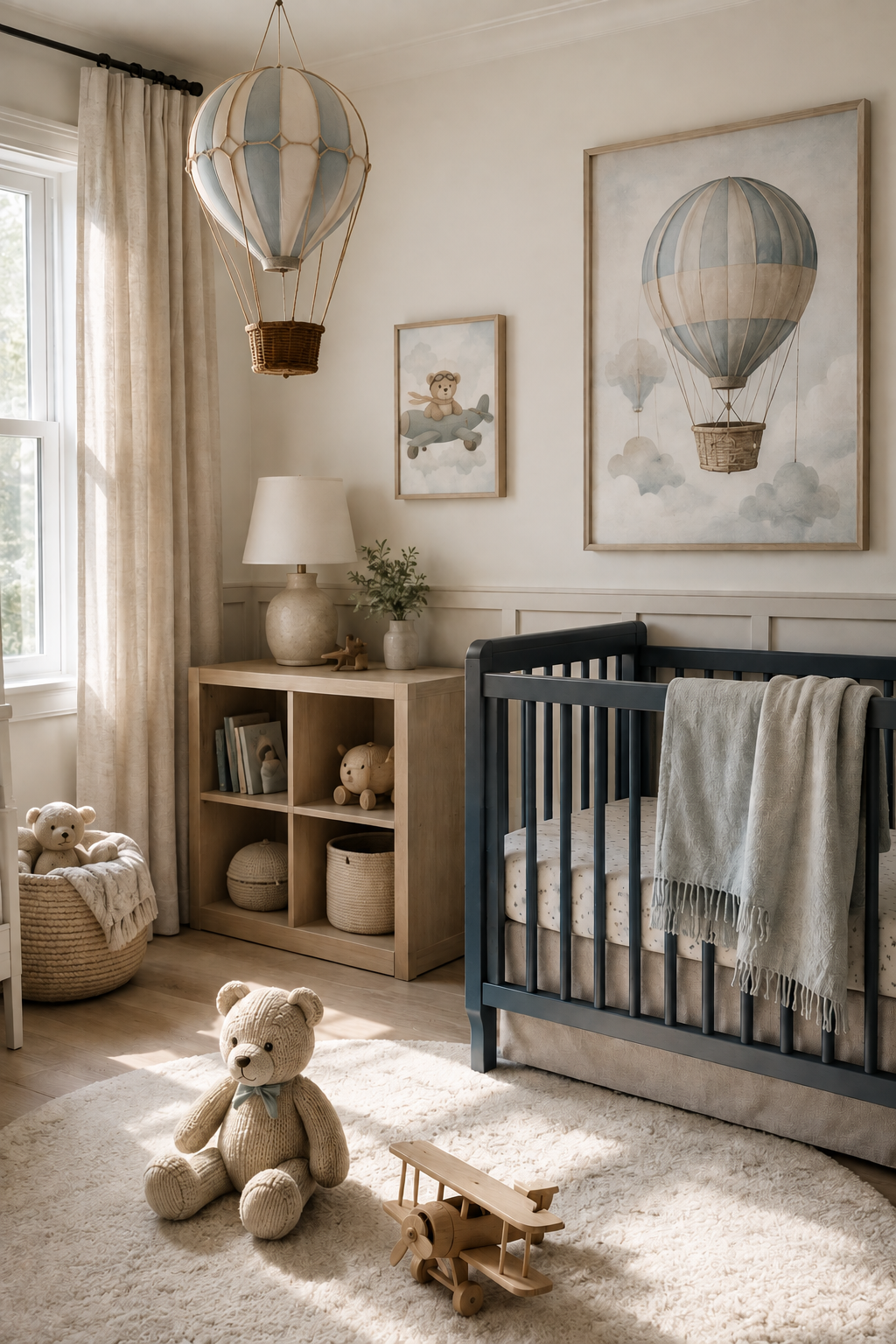 Balloon-themed toddler and baby room with pastel wall decor