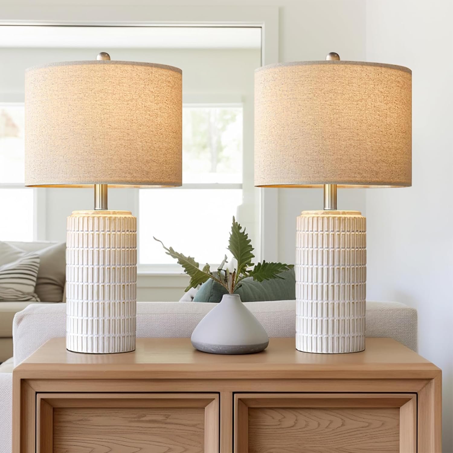 Ceramic table lamp product shot for an entryway console