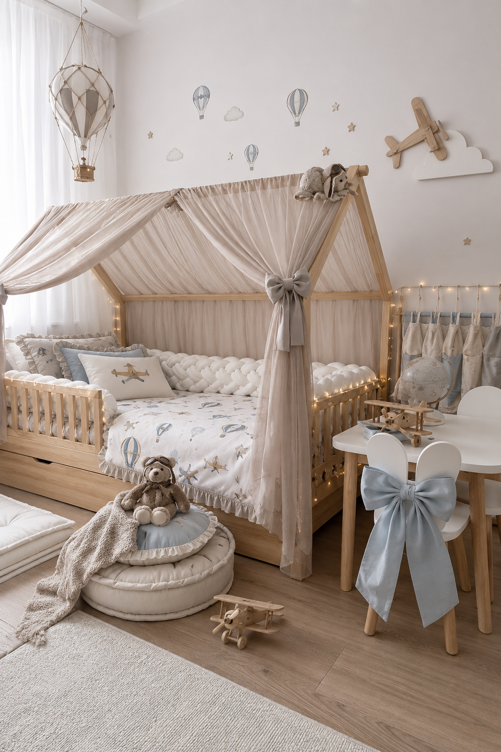 Convertible travel-themed toddler bed that grows with the child