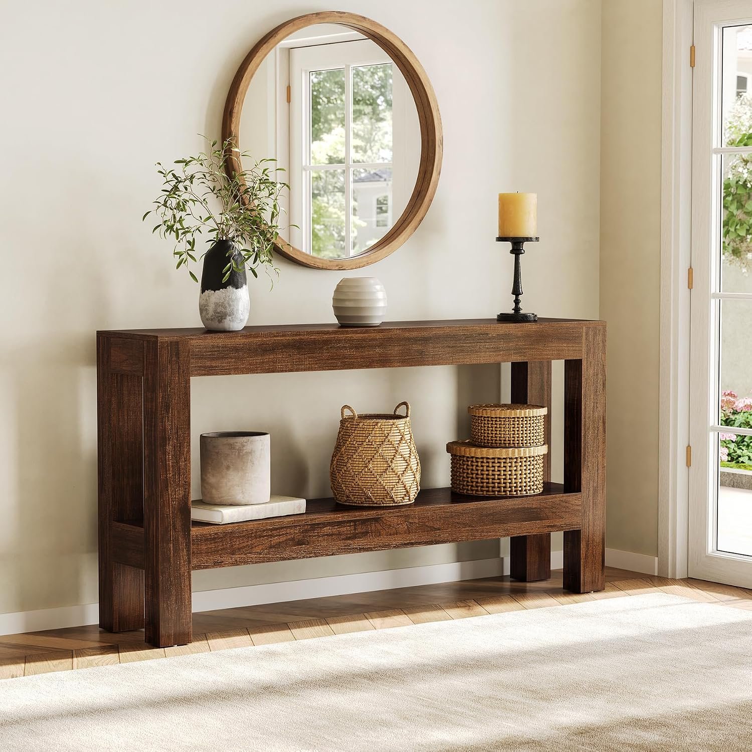 dark-wood-console-table-round-mirror-entryway-decor