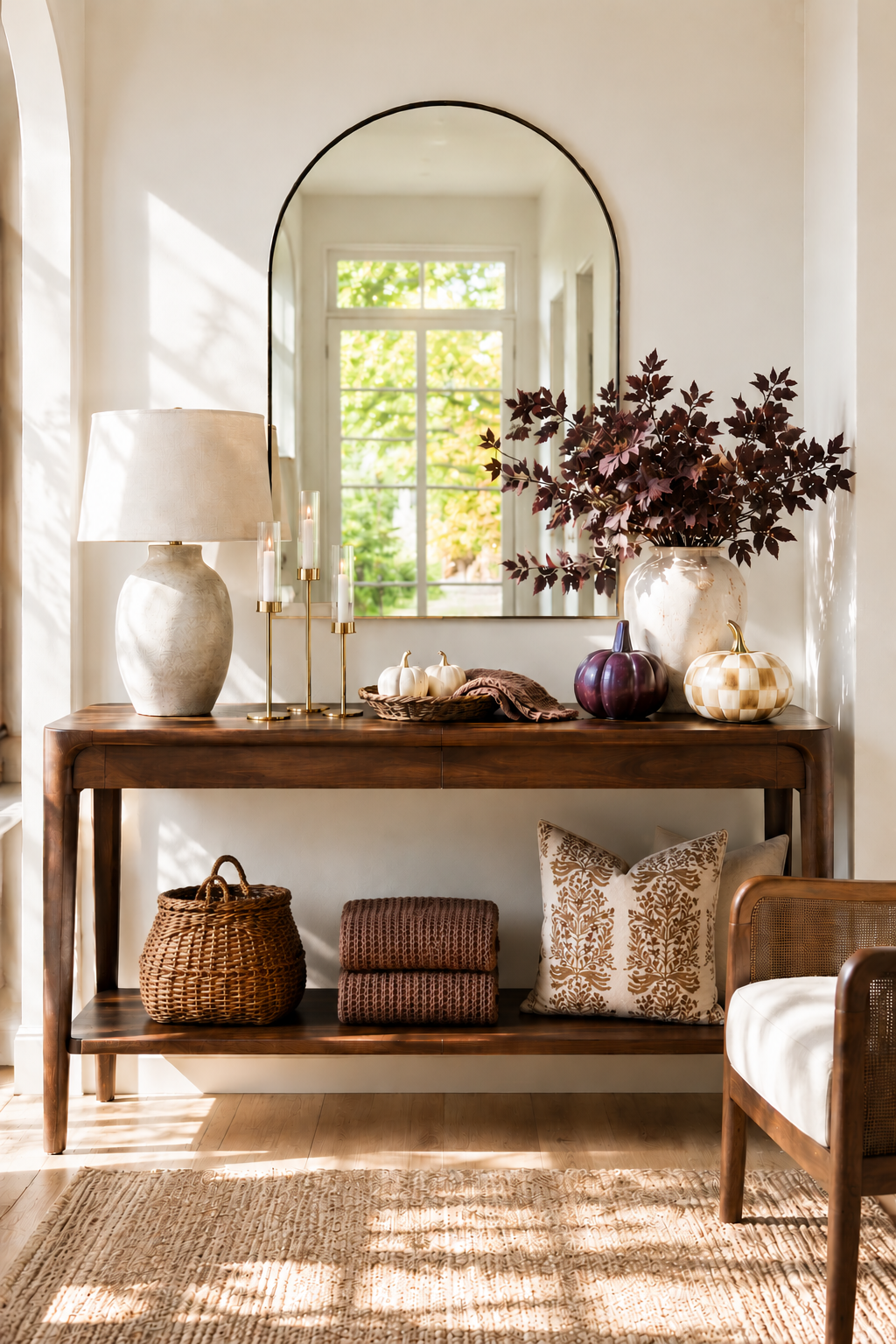 Console table styled at varied heights with a tall lamp, candlesticks, a large vase of fall branches, pumpkins, and a woven basket below