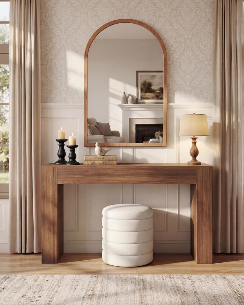 Simple wood console table with an arched mirror, taper candles, ceramic lamp, stacked books, and a round upholstered ottoman