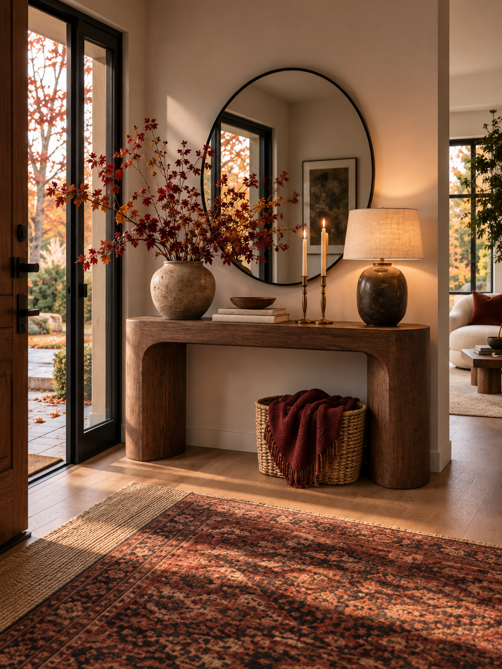 Farmhouse entryway console table with round black-frame mirror, taper candles, ceramic lamp, vase of fall maple branches, and a woven basket