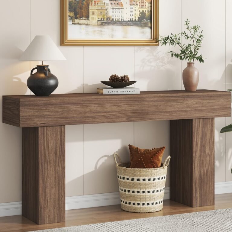 63 inch farmhouse wood console table styled in an entryway
