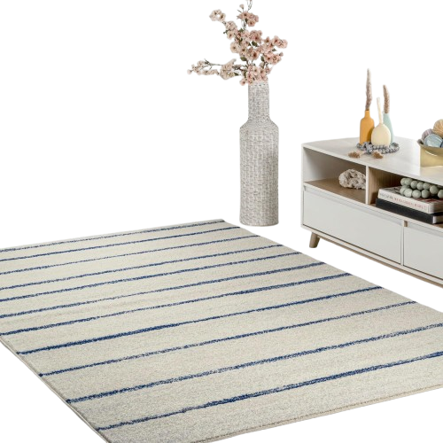 Striped blue and cream area rug for a toddler room