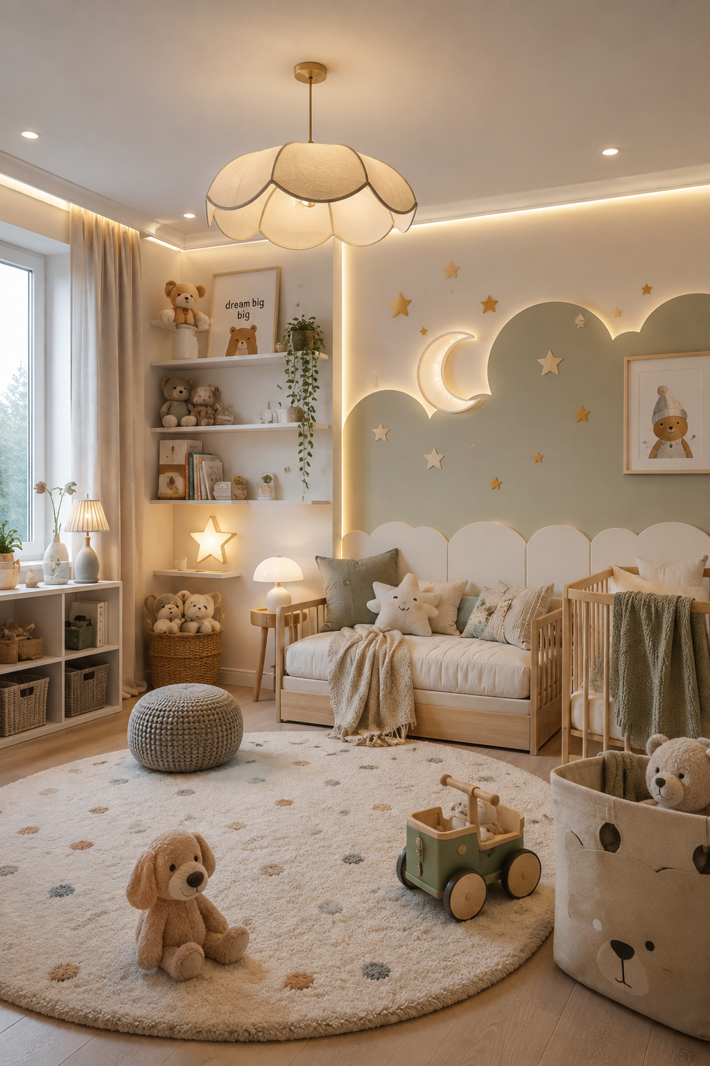 Toddler room with layered lighting from a ceiling fixture and wall lamp