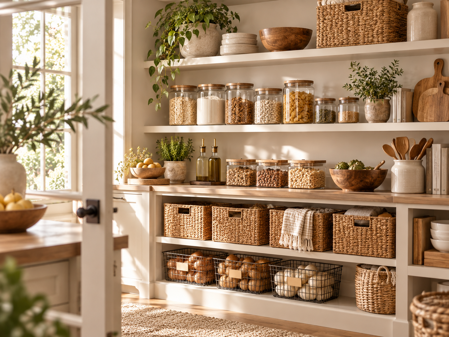 Neutral home storage with organized baskets and bins