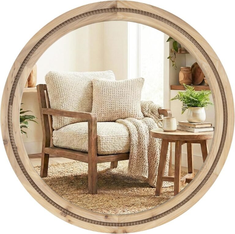 Round beaded solid wood wall mirror, 30 inch, natural wood finish