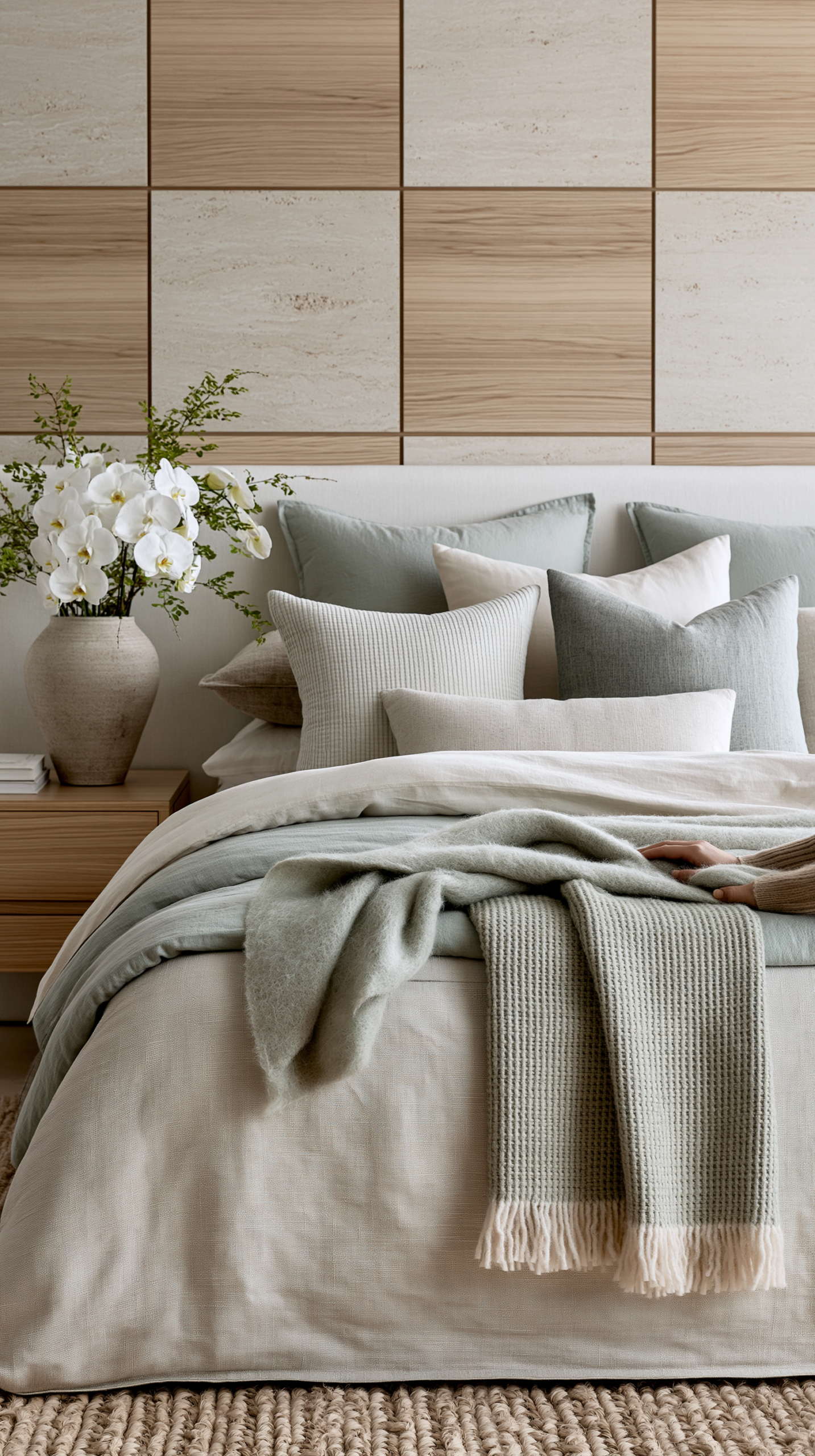 Sage green and neutral bedroom with layered pillows and soft bedding