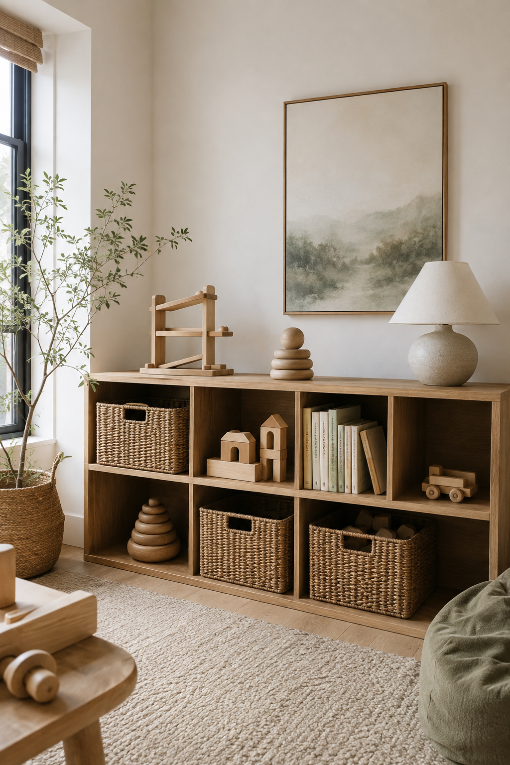 Scandinavian-style toddler room with light wood open storage shelving