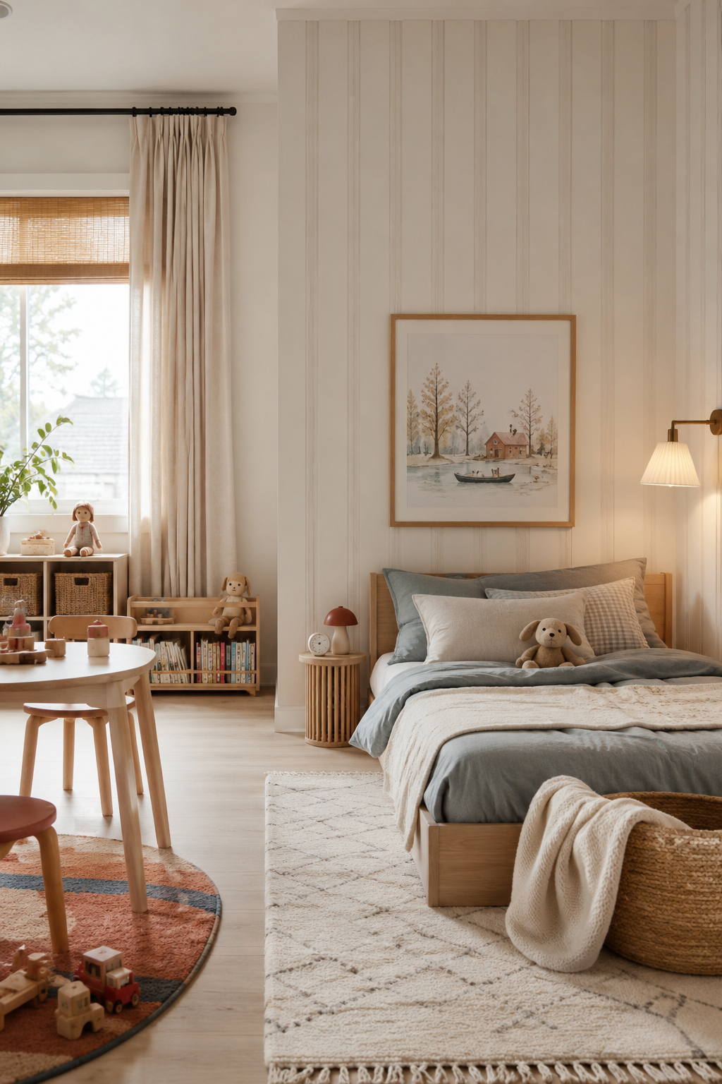 Calm sleep zone in a toddler room with soft neutral bedding