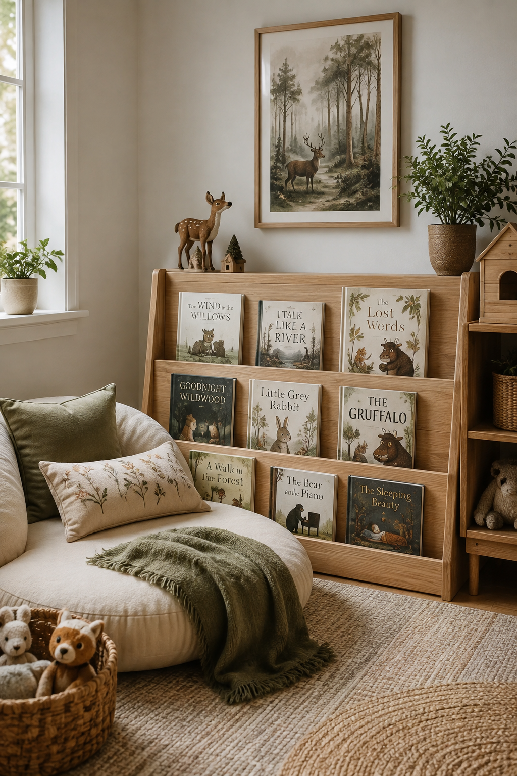 Front-facing bookshelf displaying children's picture books in a toddler room